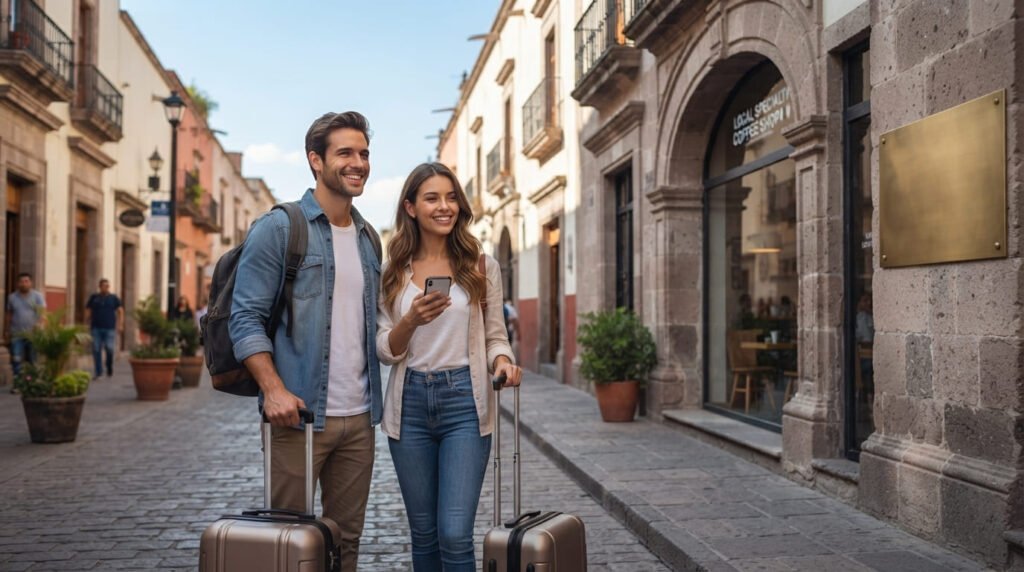 Pareja joven de turistas sonrientes con maletas caminando por una calle colonial en México, llegando a un alojamiento urbano gestionado con asistencia digital
