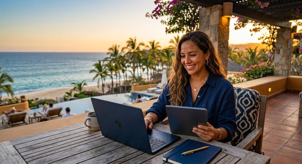 Anfitriona trabajando en una terraza con vista al mar y palmeras, gestionando la asistencia digital de sus alojamientos en laptop y tablet