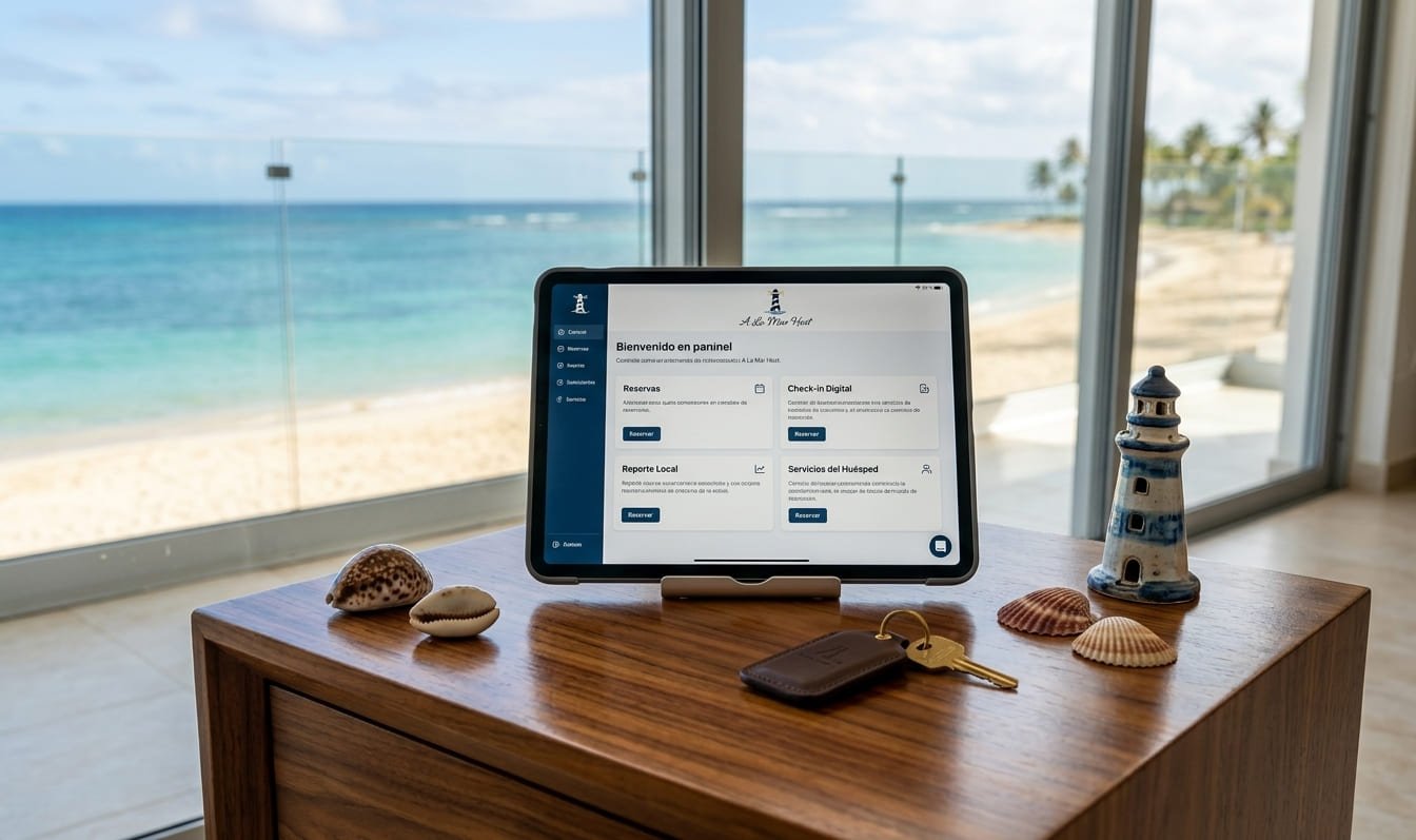 Departamento con vista al mar, con una mesa y guía digital