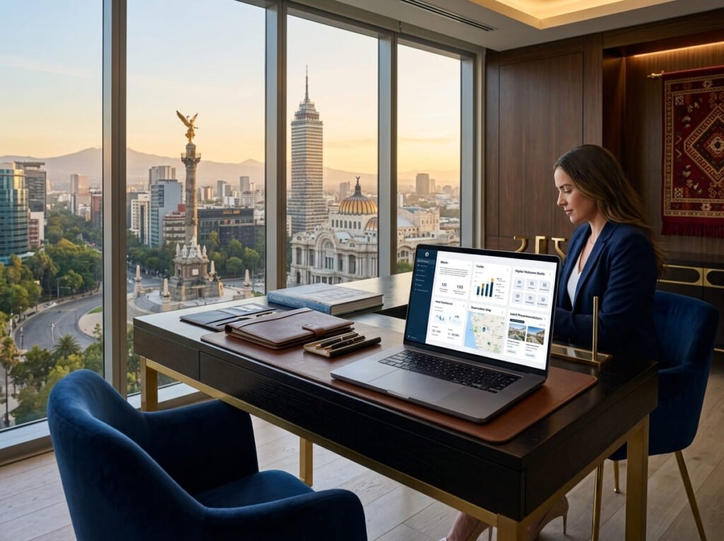 Anfitriona trabajando en laptop con asistencia digital en oficina de lujo frente al Ángel de la Independencia en la Ciudad de México.